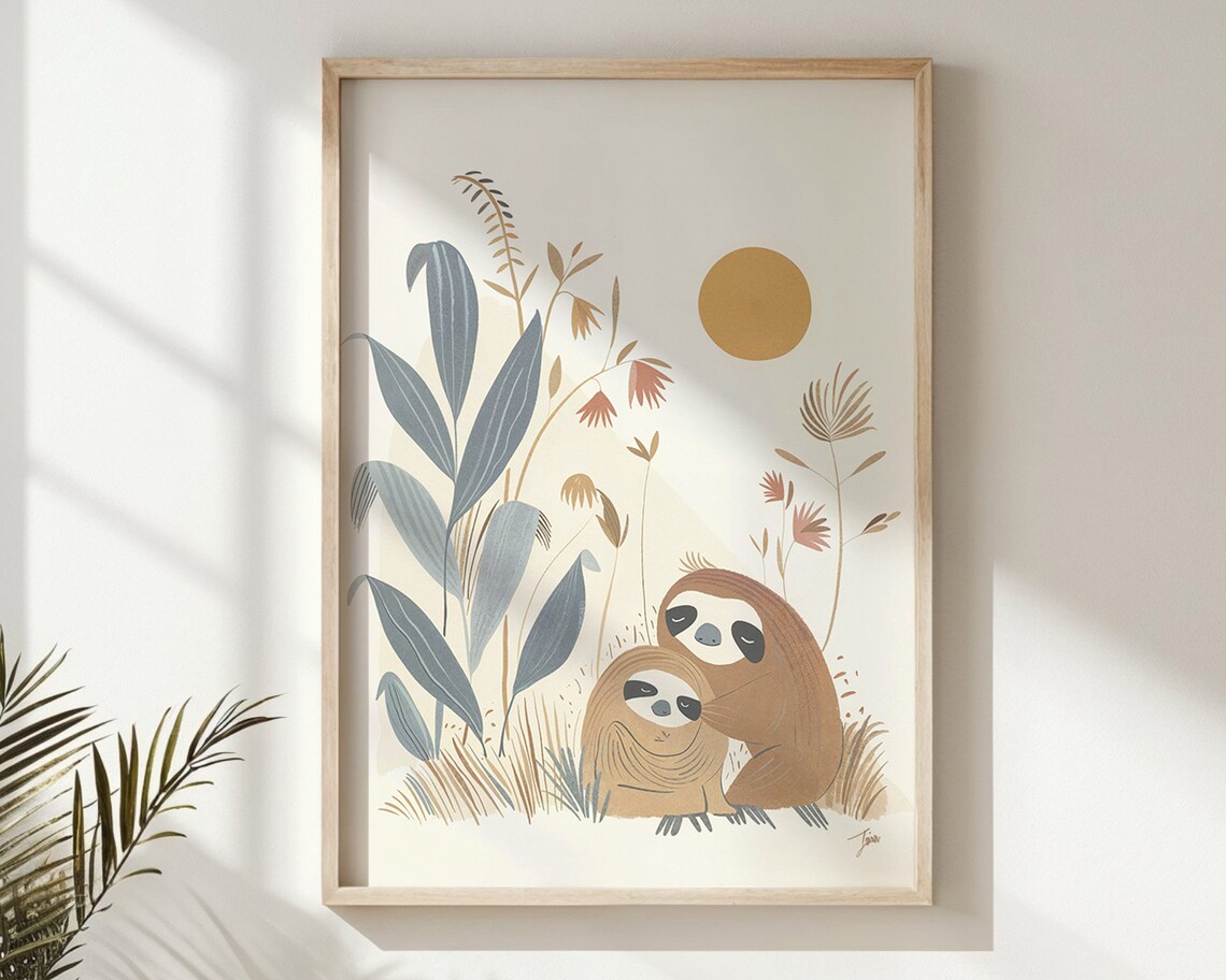 Sloth Family Nursery Poster Sun Warm Botanical Cute Kids Room Art
