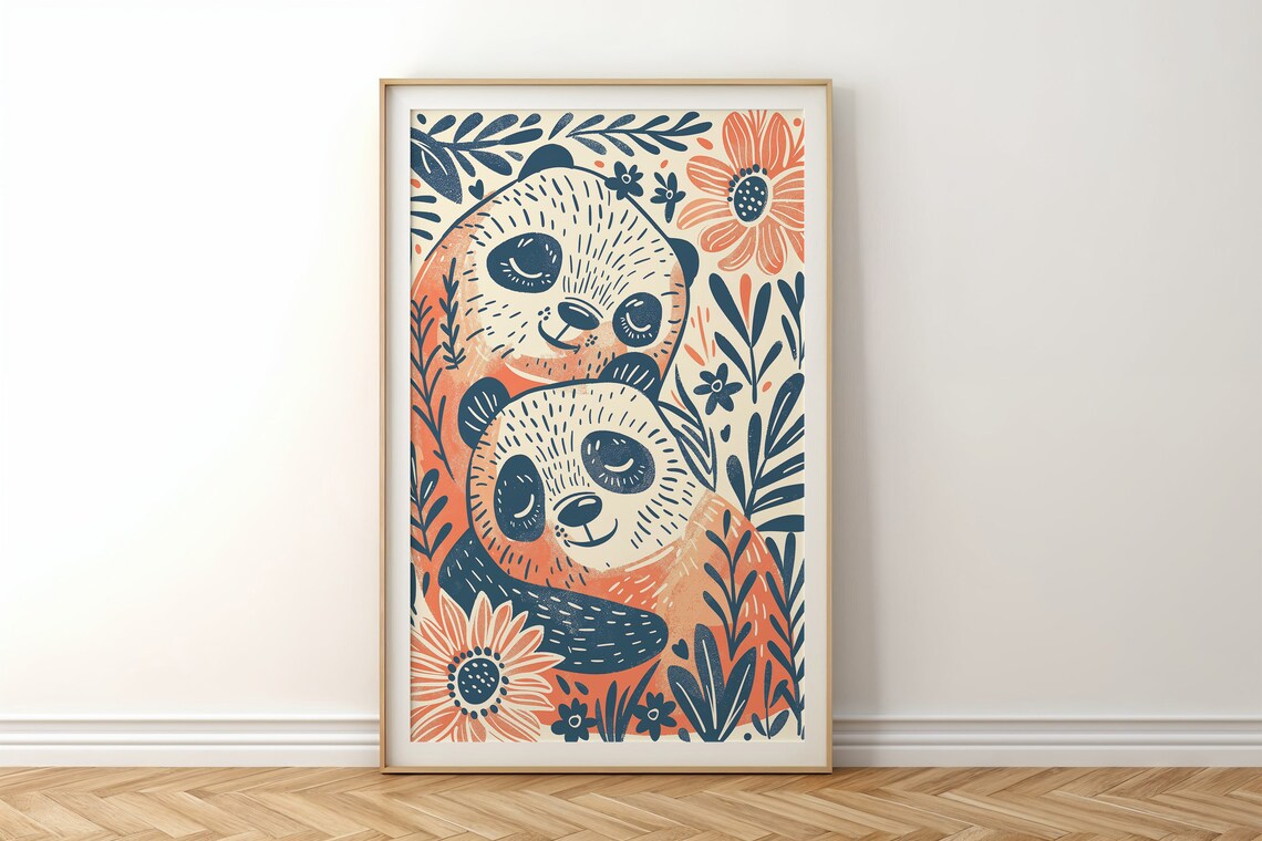 Two Pandas Floral Botanical Illustration Orange Navy Kids Wall Art Poster - Image 5