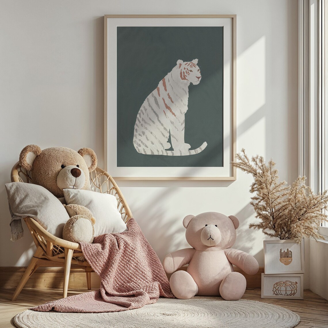 White Tiger With Grey Stripes On Forest Green Nursery Jungle Art Poster - Image 3