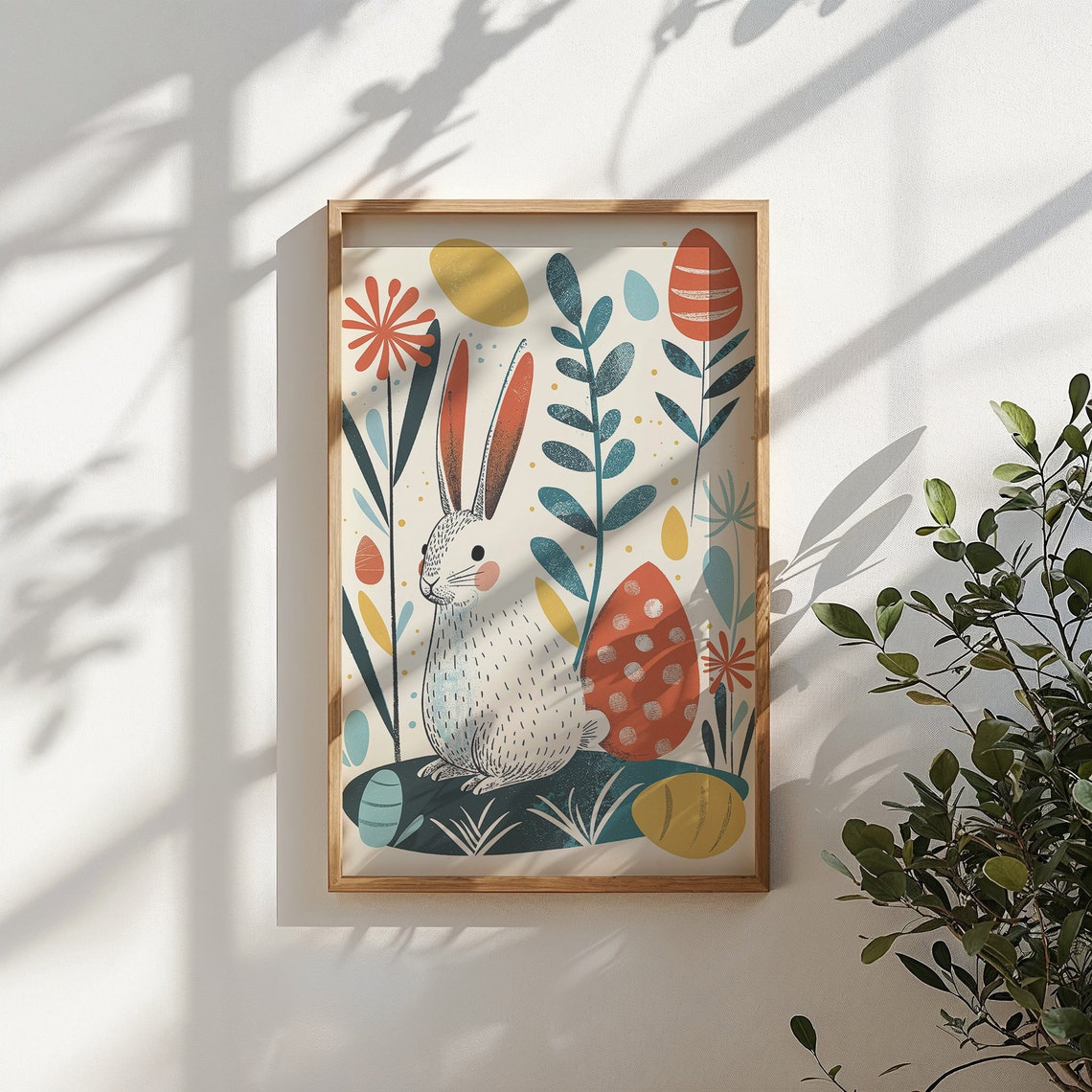 White Bunny Patterned Easter Eggs Modern Botanical Kids Room Poster - Image 5
