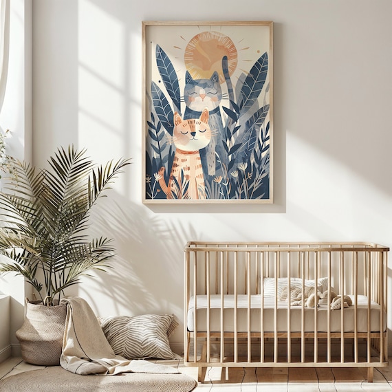 Two Cats Sun Nursery Poster Jungle Leaves Whimsical Kids Room Wall Art