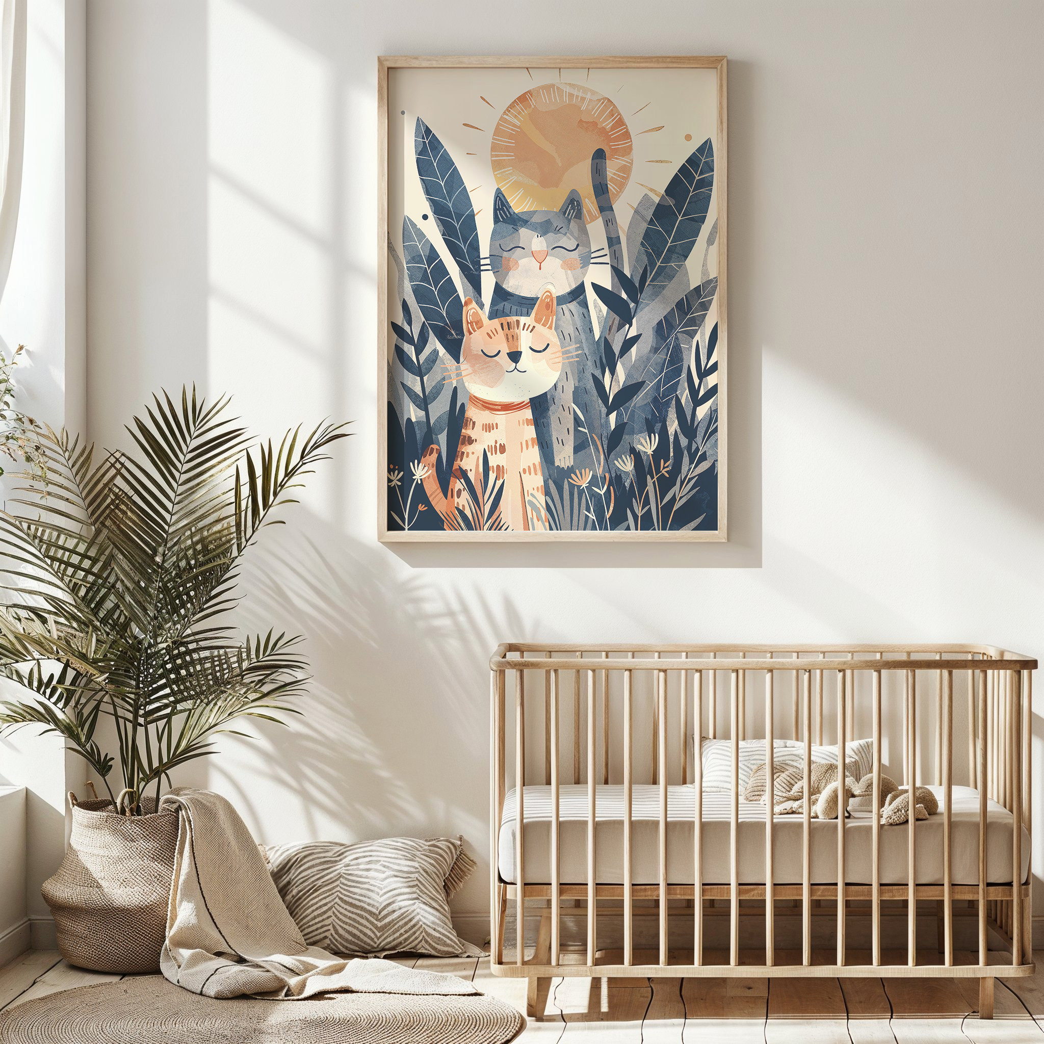 Two Cats Sun Nursery Poster Jungle Leaves Whimsical Kids Room Wall Art