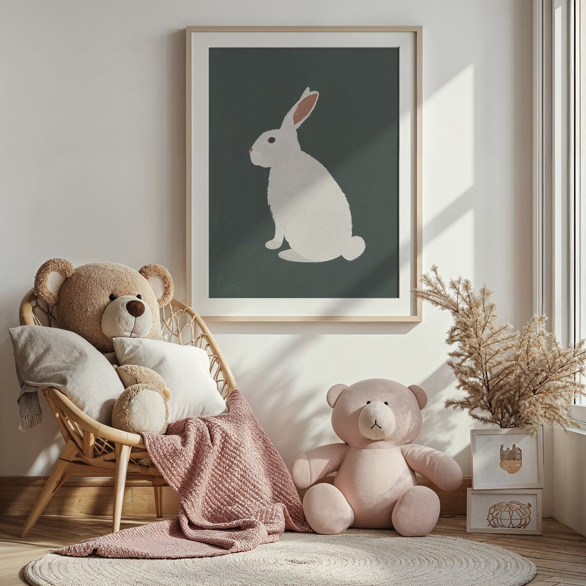 White Bunny On Forest Green Background Minimalist Nursery Animal Poster - Image 5