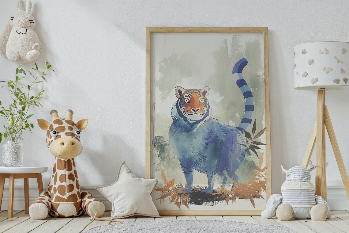 Whimsical Blue Tiger Watercolor With Orange Face Jungle Art Print - Image 2