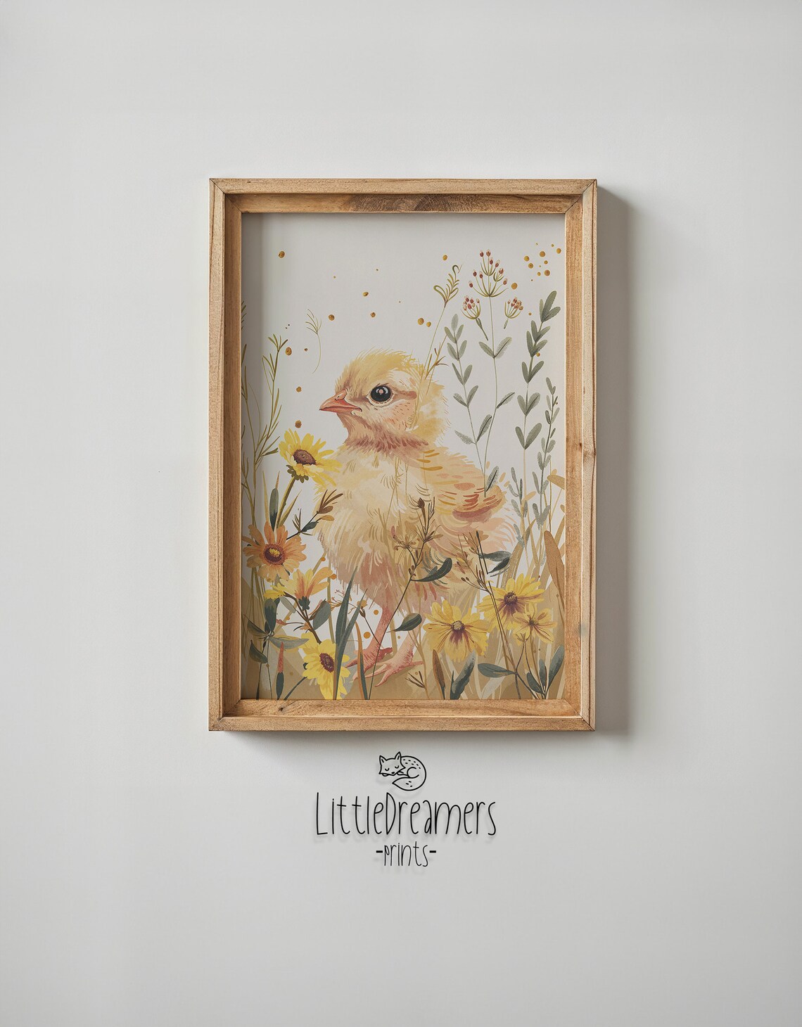Fluffy Baby Chick With Yellow Wildflowers Spring Watercolor Art Print