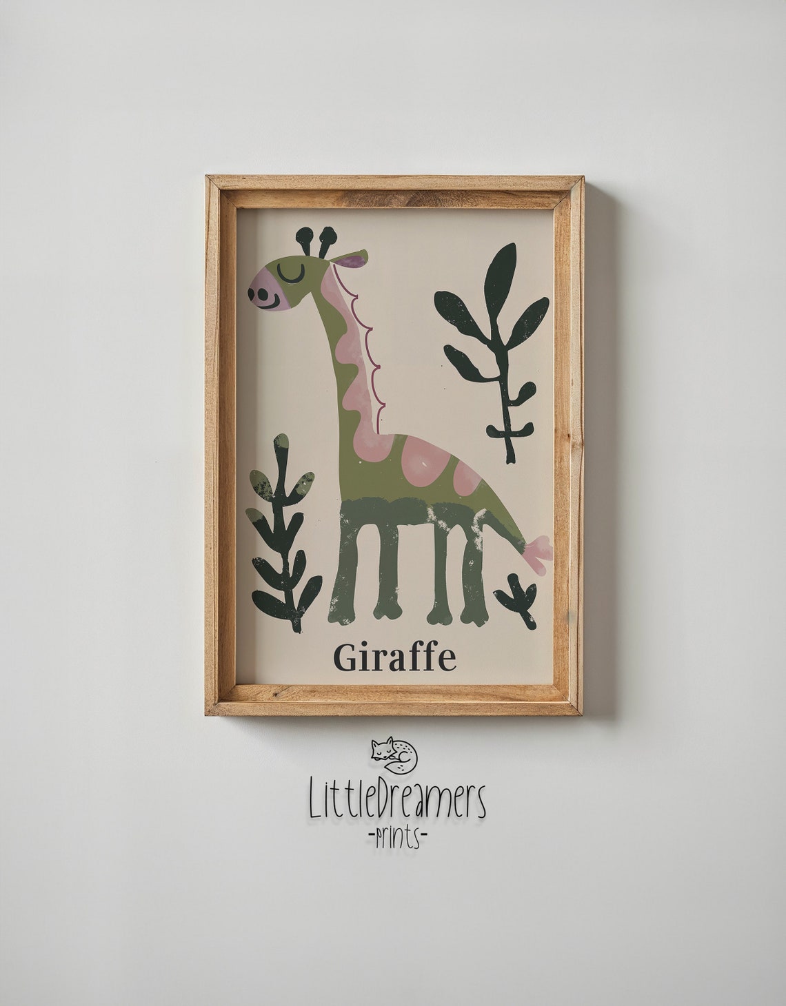 Smiling Green Giraffe Pink Patches Jungle Leaves Kids Wall Poster - Image 6