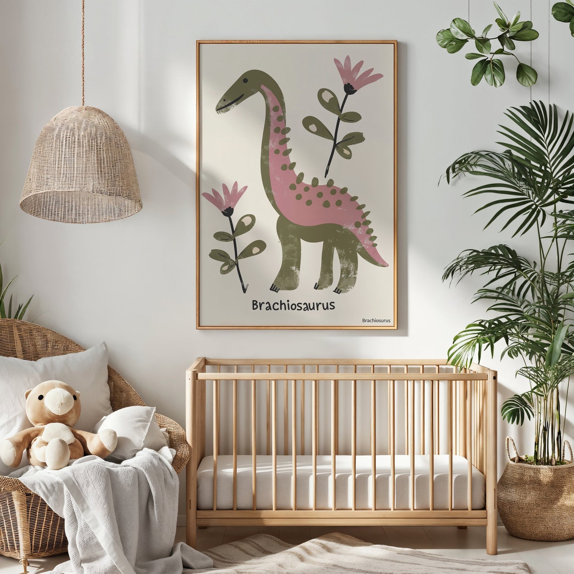 Brachiosaurus Dinosaur Pink Spots Flowers Kids Room Wall Art Poster - Image 2