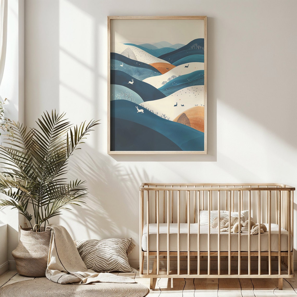 Abstract Rolling Hills Hares Birds Teal Beige Nursery Poster