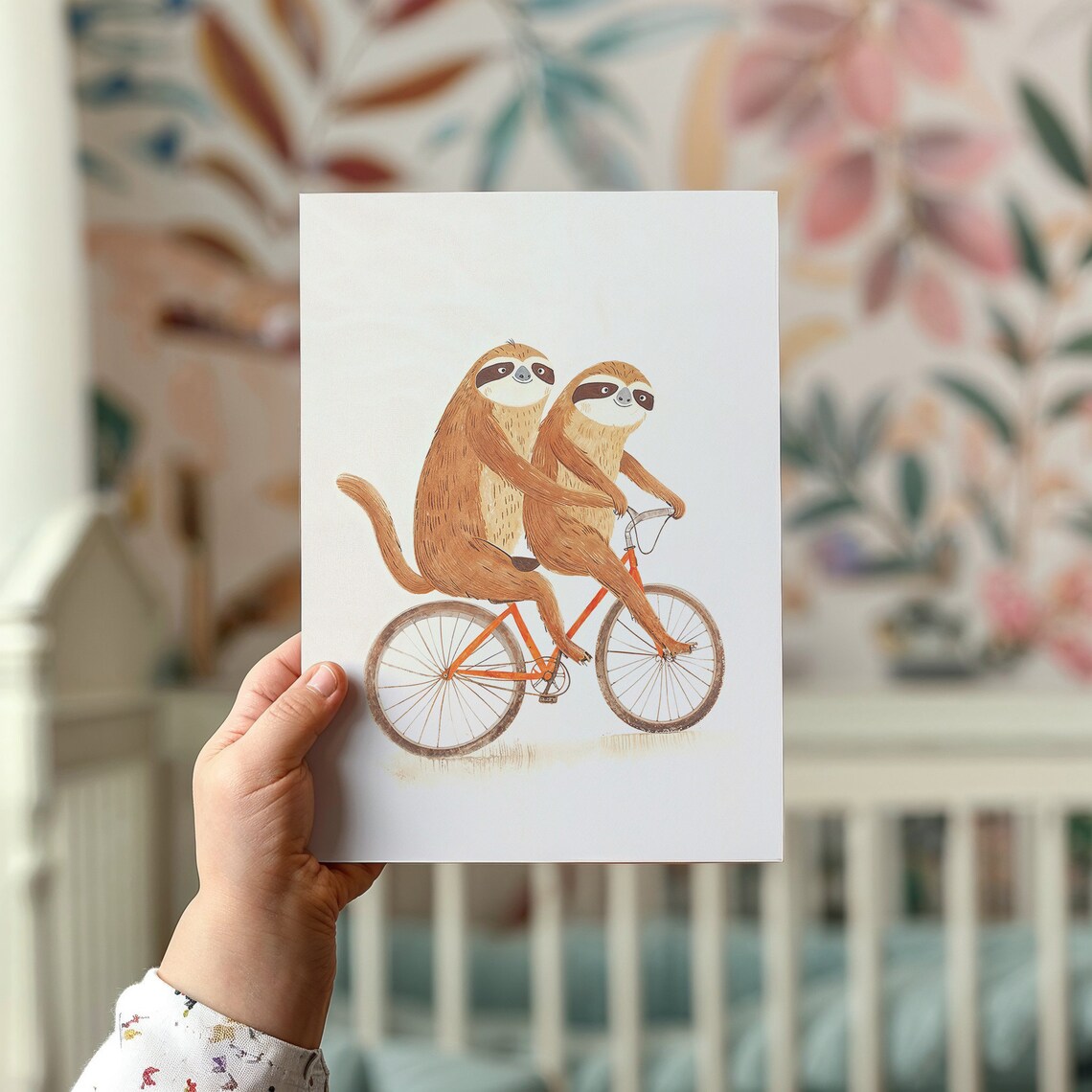Two Sloths Riding Tandem Bicycle Watercolor Nursery Kids Room Poster - Image 2