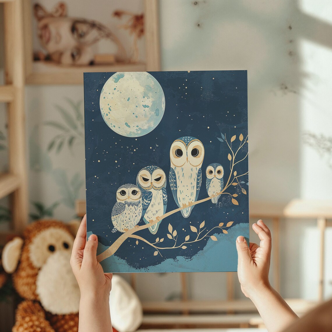 Whimsical Owl Family Moonlight Nursery Art Print - Image 2