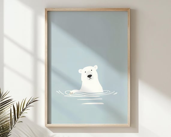 Swimming Polar Bear Calm Blue Water Minimalist Nursery Wall Poster