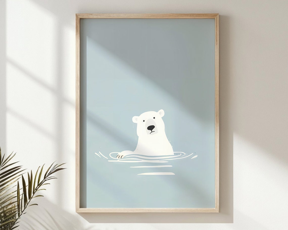 Swimming Polar Bear Calm Blue Water Minimalist Nursery Wall Poster