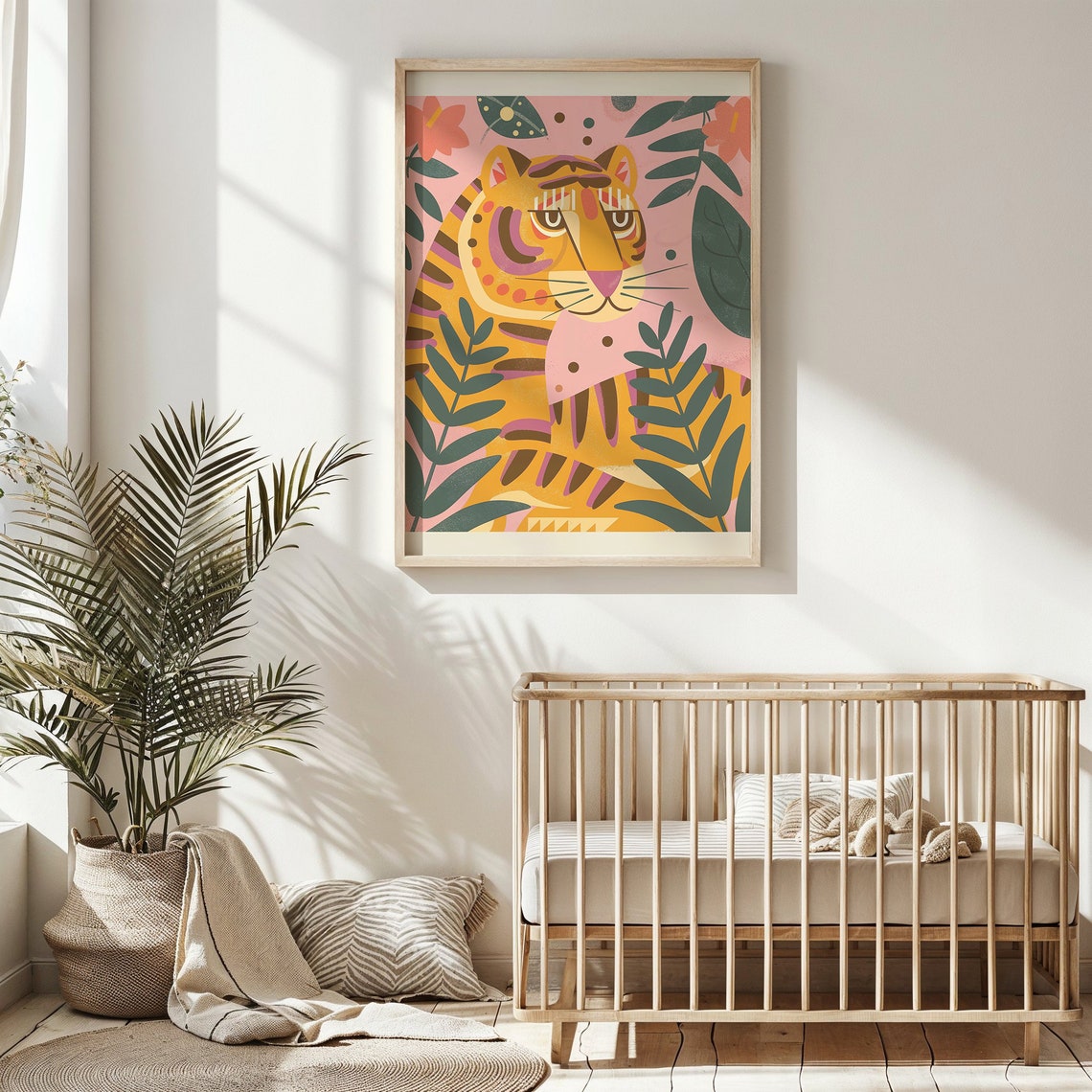 Stylized Orange Tiger Pink Jungle Foliage Bold Nursery Poster