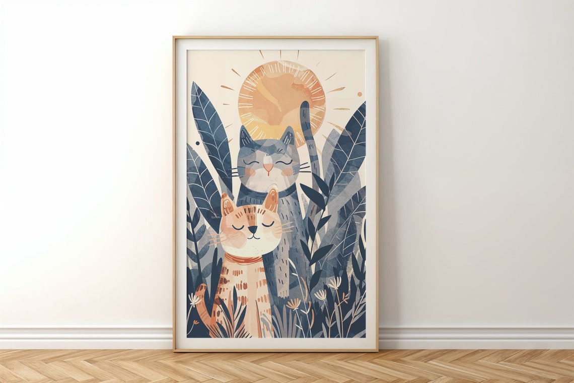 Two Cats Sun Nursery Poster Jungle Leaves Whimsical Kids Room Wall Art - Image 3