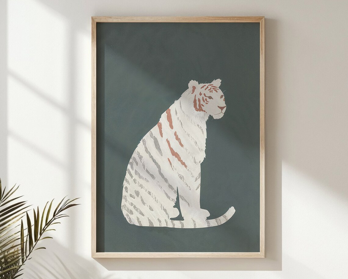 White Tiger With Grey Stripes On Forest Green Nursery Jungle Art Poster - Image 6