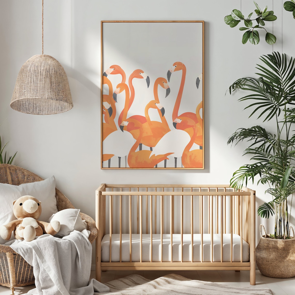 Orange White Flamingo Crowd Tropical Nursery Wall Art Kids Bird Poster