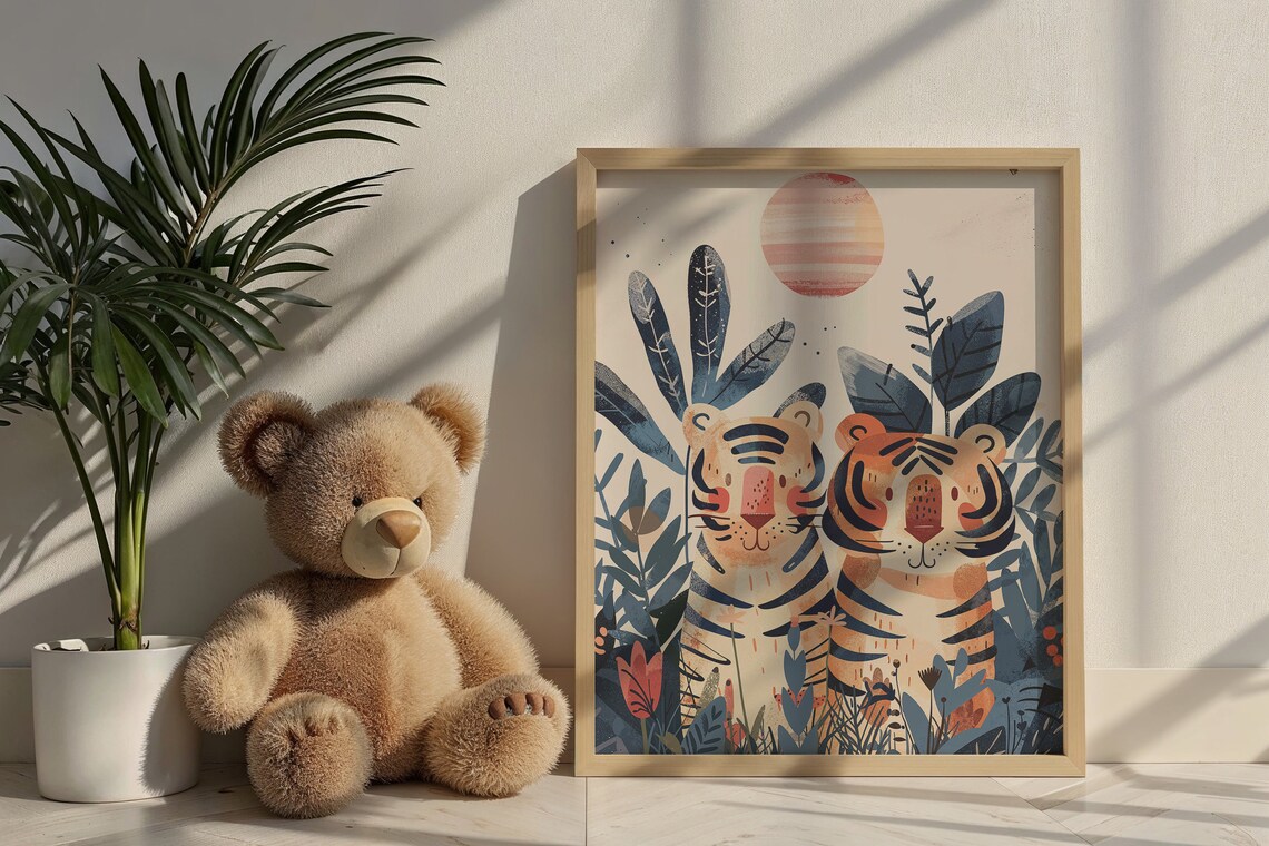 Two Tigers Jungle Nursery Poster Sun Foliage Playful Safari Kids Art - Image 6