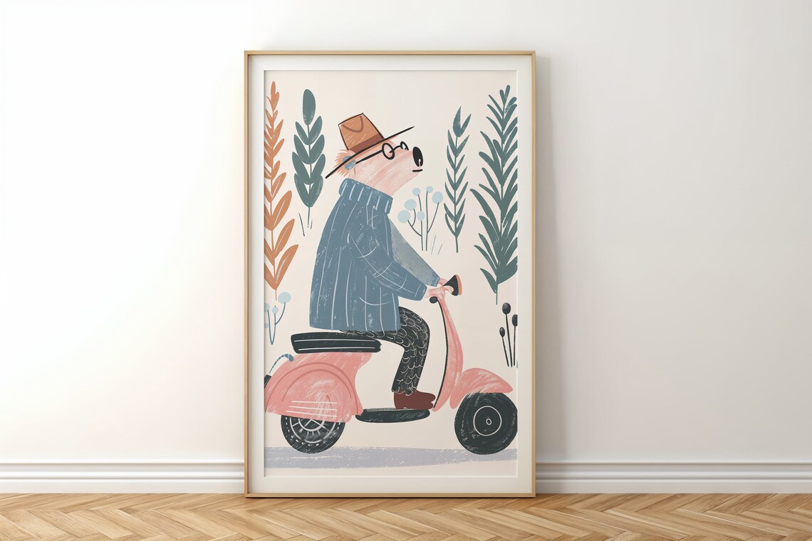Bear Riding Pink Scooter Nursery Poster Hat Glasses Playful Kids Art - Image 4