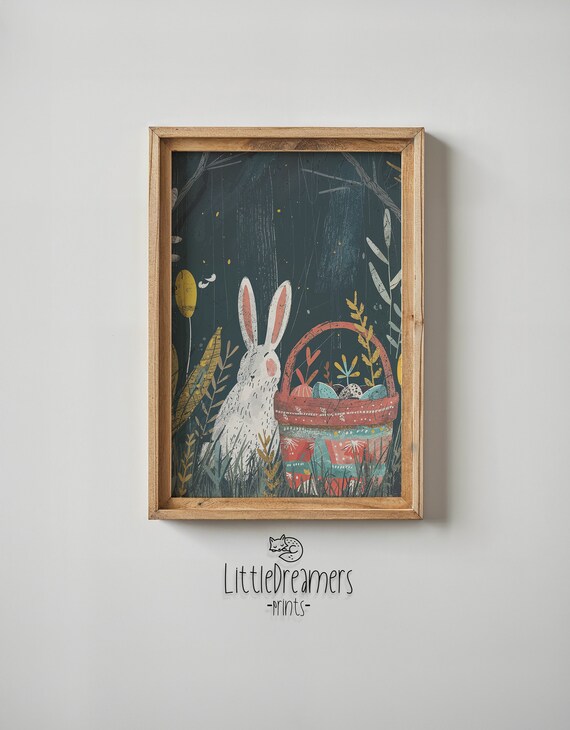Easter Bunny And Egg Basket Art Print Nursery Wall Art Kids Spring Decor Poster Seasonal Easter Gift Whimsical Forest Animals