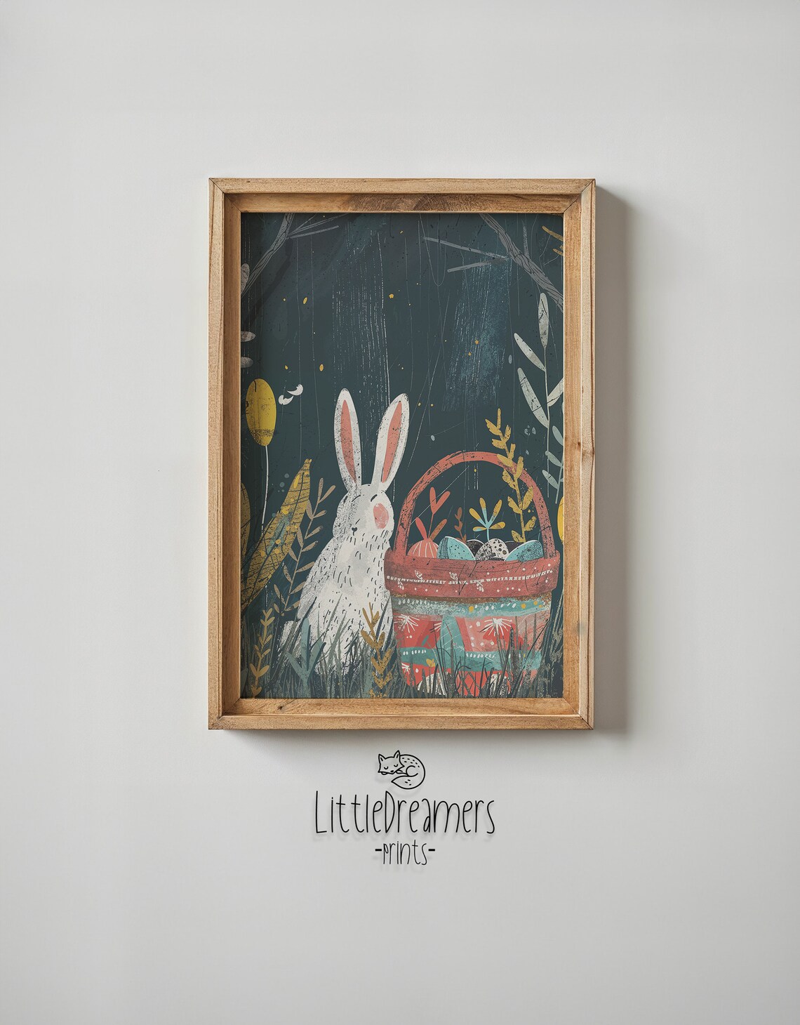 Easter Bunny And Egg Basket Art Print Nursery Wall Art Kids Spring Decor Poster Seasonal Easter Gift Whimsical Forest Animals