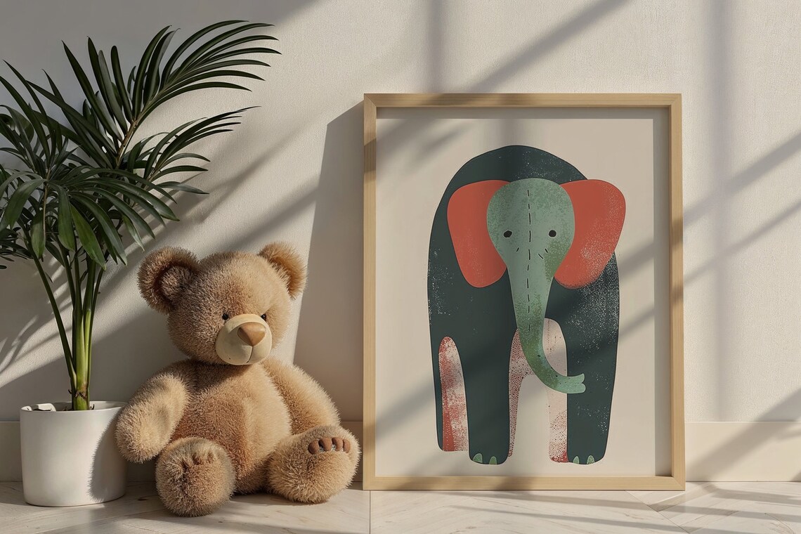 Minimalist Baby Elephant Teal Coral Ears Cute Nursery Wall Art Poster - Image 6