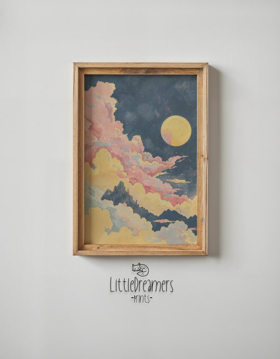 Celestial Moon Art Print Nursery Wall Art Kids Posters Decor Gift Whimsical Night Sky Fantasy Landscape Instant