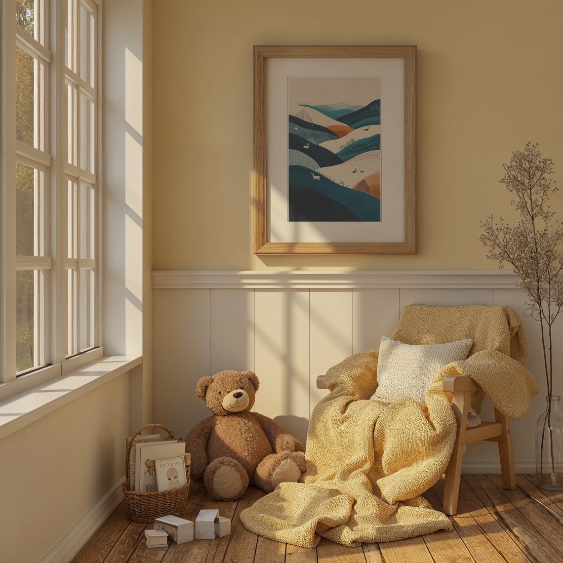 Abstract Rolling Hills Hares Birds Teal Beige Nursery Poster - Image 6
