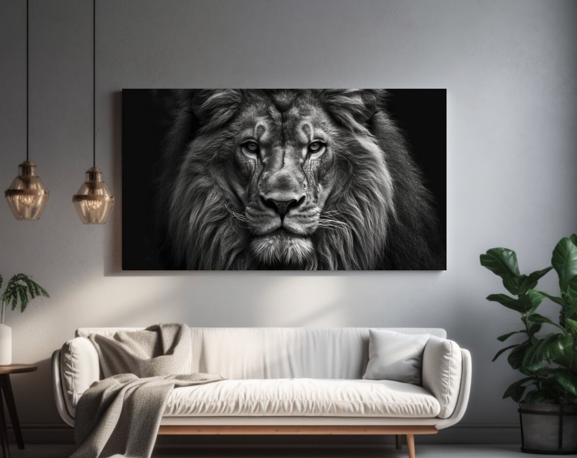 Black And White Lion Portrait Majestic Mane African Wildlife Poster