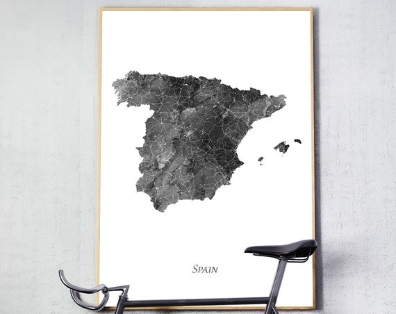 Spain Map Print Watercolor Poster Wall Art Grey Black White Home Decor Travel