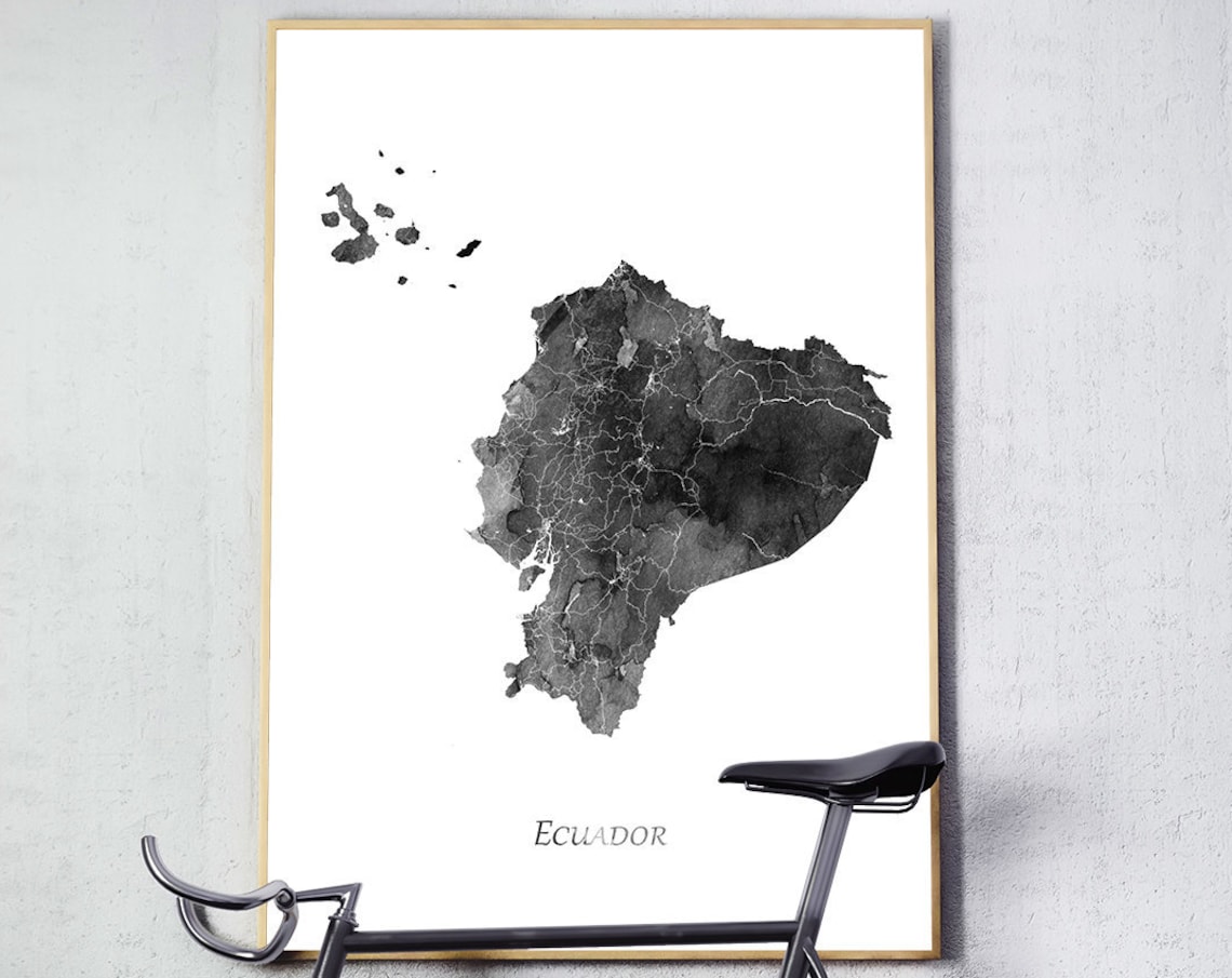 Ecuador Map Watercolor Poster, Black and White