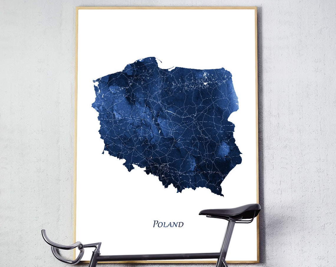 Poland Navy Blue Watercolor Country Map Modern Style Art Poster