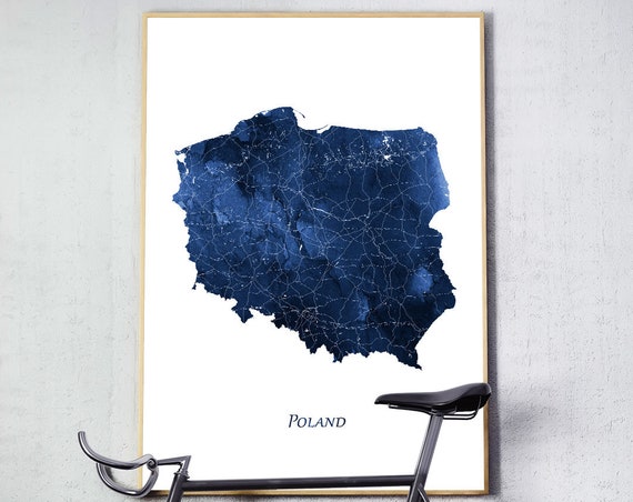 Poland Map Print Poster Wall Art Navy Blue White Watercolor Travel Home Decor