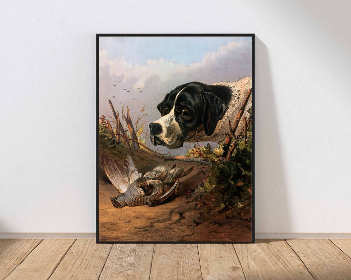 Vintage Hunting Dog and Game Bird Antique Cabin Oil Painting Art Print