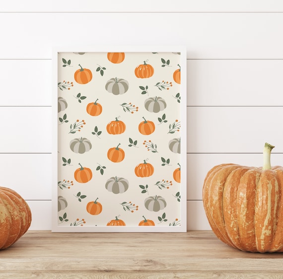Orange Gray Pumpkin Pattern Fall Autumn Farmhouse Kitchen Art Poster