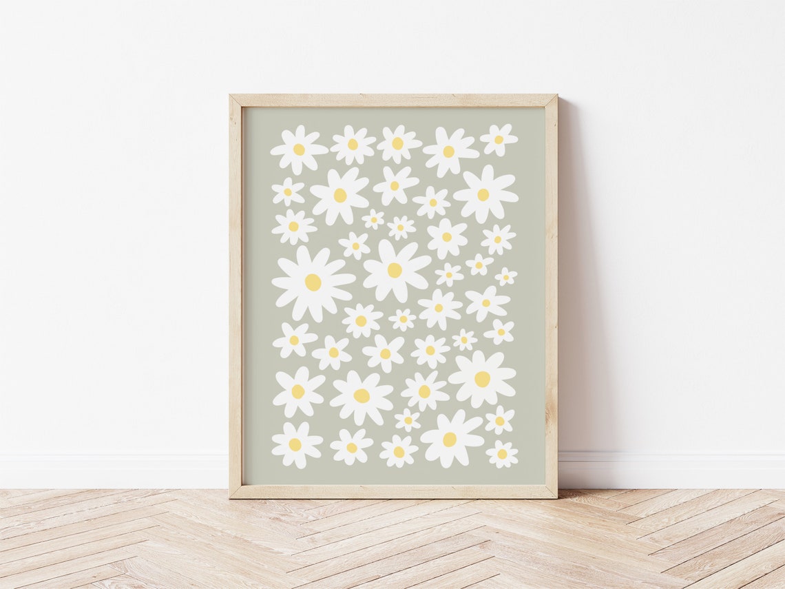 White Daisies On Sage Green Floral Pattern Cute Kitchen Poster