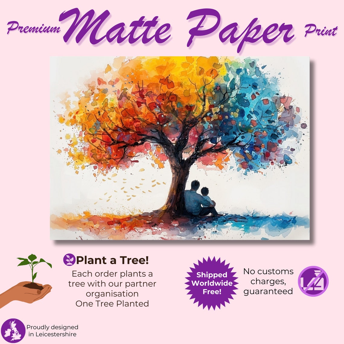 Colorful Rainbow Tree Parent Child Silhouette Watercolor Poster - Image 2