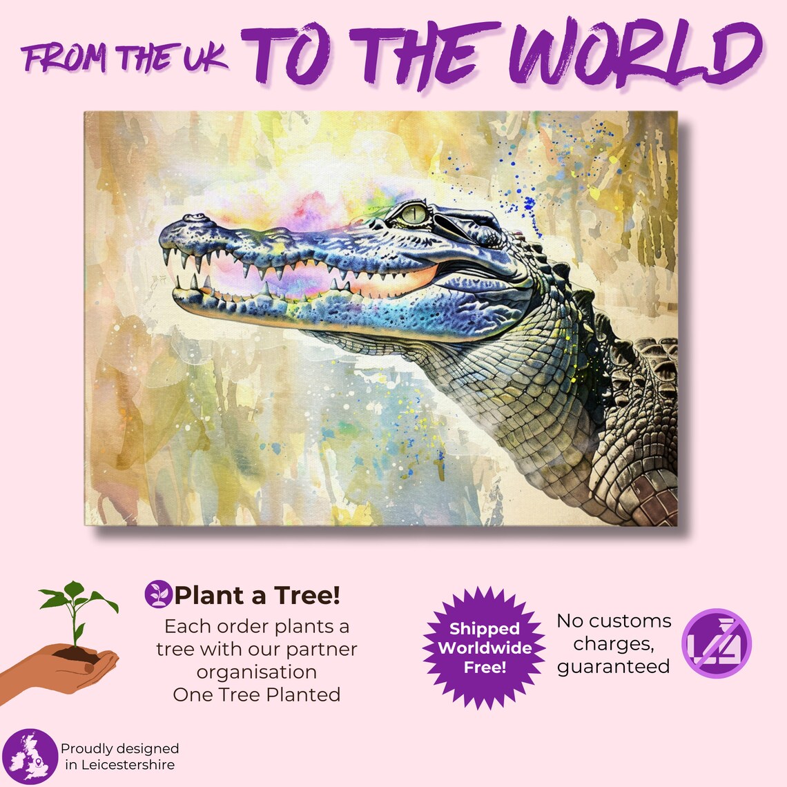 Alligator Watercolour Portrait Neon Smile Golden Wash Animal Art Poster - Image 2