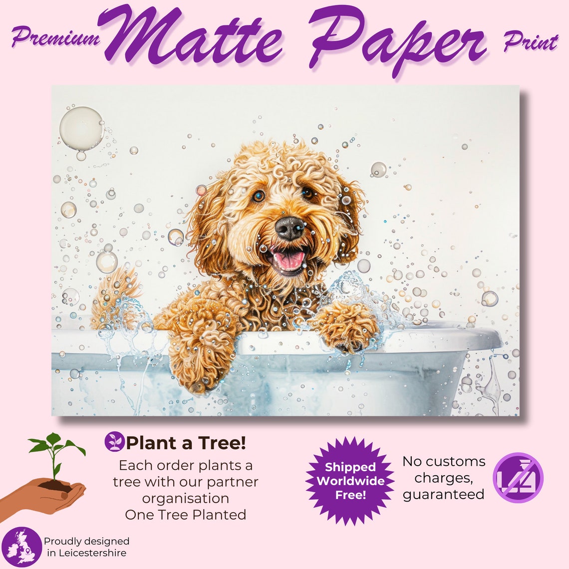 Golden Cockapoo Puppy In Bathtub Bubbles Watercolour Pet Poster - Image 3
