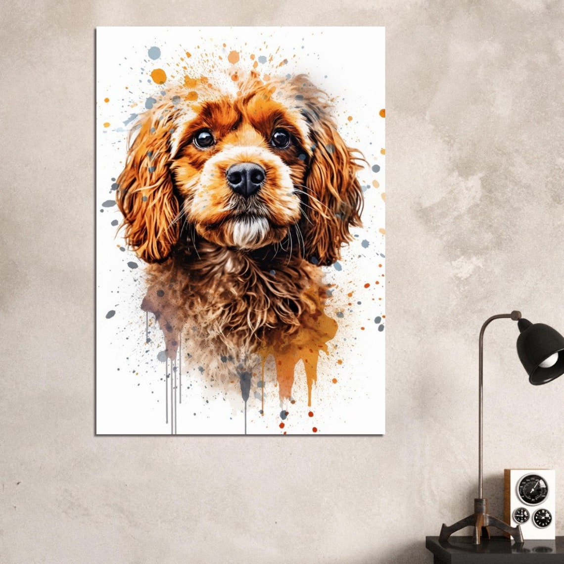 Golden Cavapoo Watercolour Portrait Warm Paint Splash Puppy Art Poster - Image 3