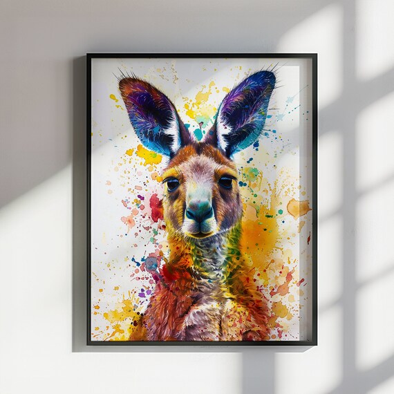 Kangaroo Portrait Orange Yellow Paint Splash Colorful Wall Poster