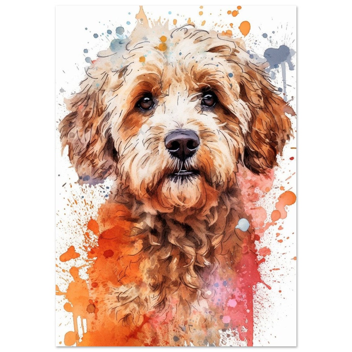 Tan Cockapoo Watercolour Portrait Coral Splash Warm Puppy Art Poster - Image 3
