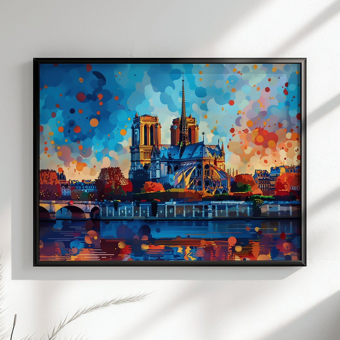 Notre Dame Cathedral Blue Sky Dot Art Colourful Seine Painting Poster