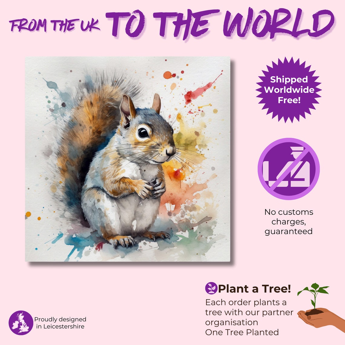 Gray Squirrel Close Up Portrait Watercolor Splash Animal Art Poster - Image 2
