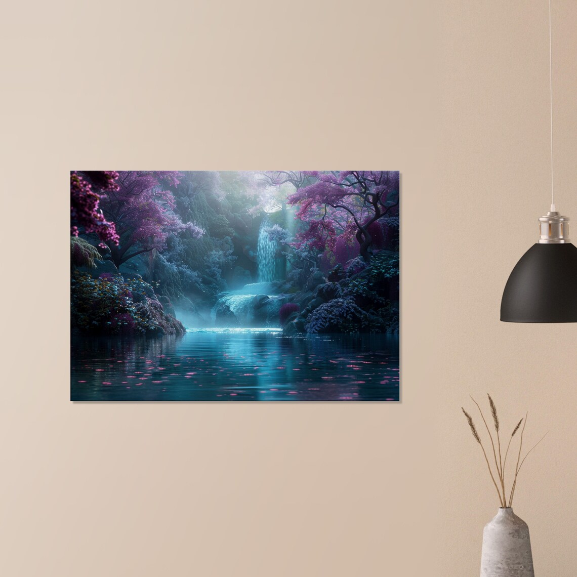 Enchanted Forest Waterfall Pink Blossom Misty Magical Landscape Art Poster - Image 3