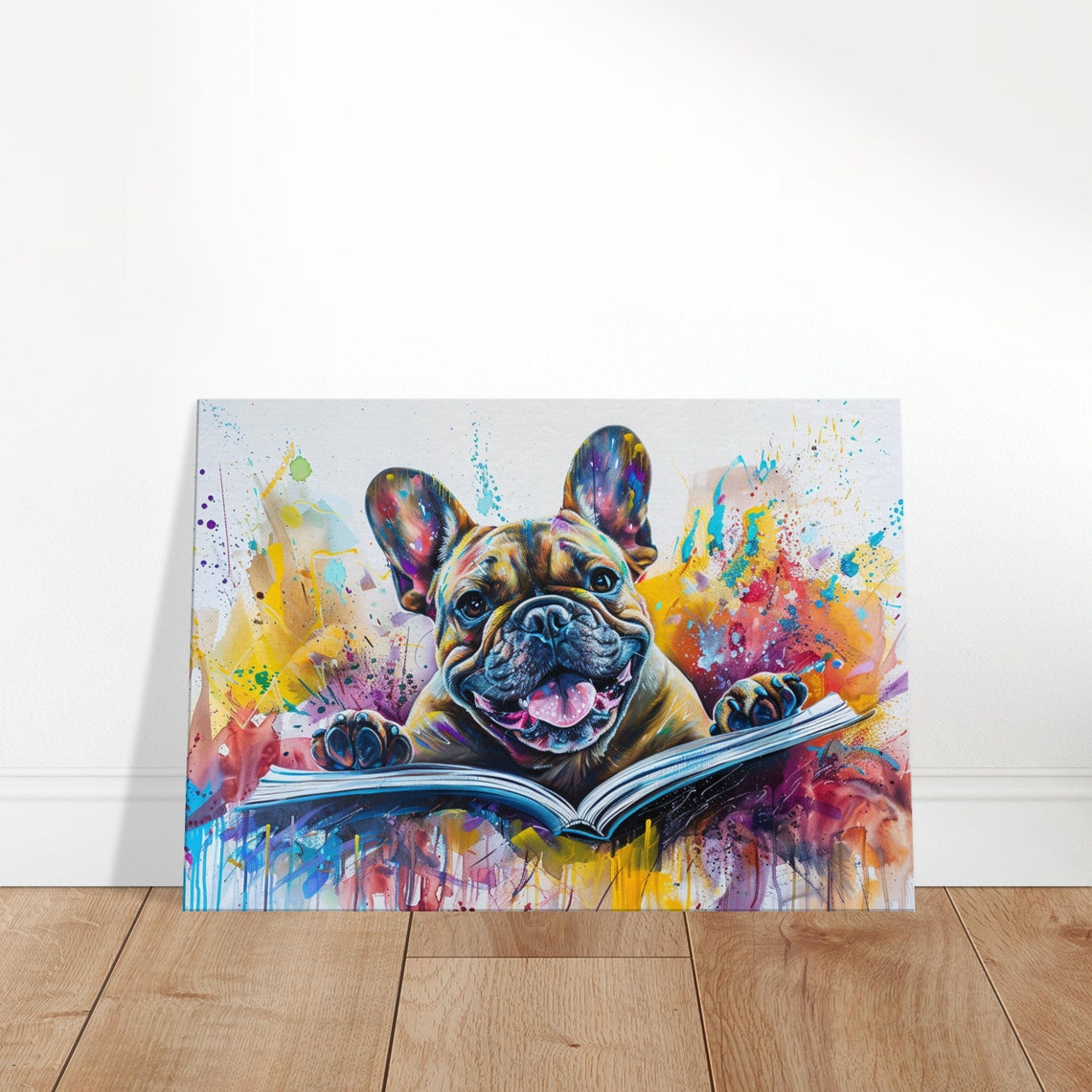 Happy French Bulldog Reading Open Book Paint Splash Puppy Poster - Image 3