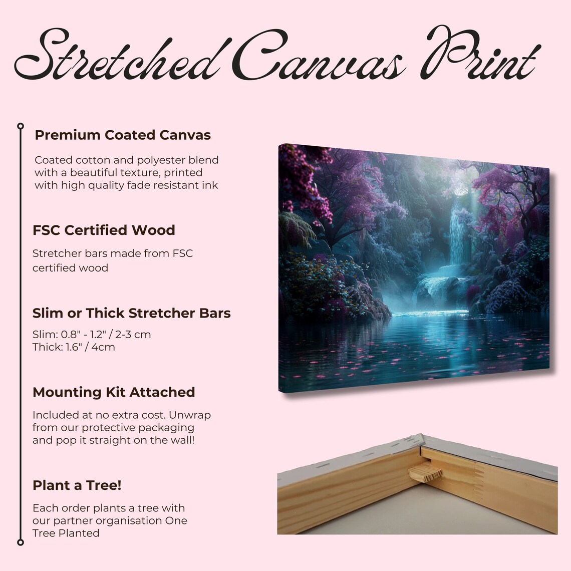 Enchanted Forest Waterfall Pink Blossom Misty Magical Landscape Art Poster - Image 2
