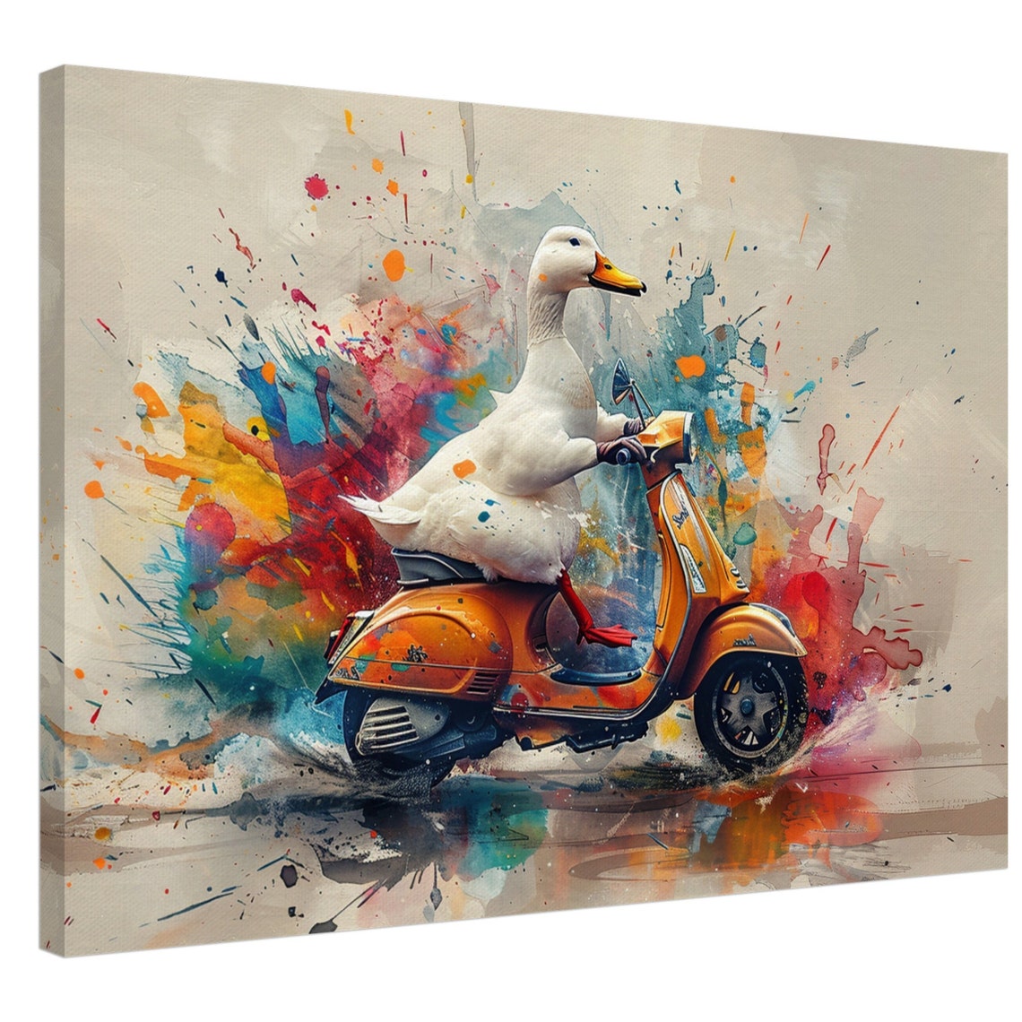 Funny Duck Riding Orange Scooter Watercolour Playful Bird Art Poster