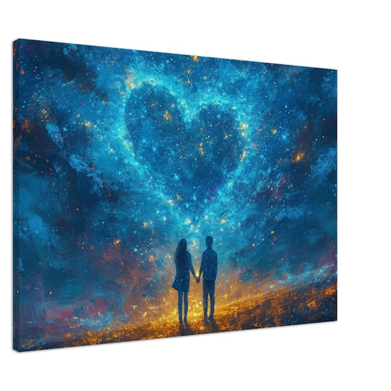 Romantic Couple Silhouette Under Heart Shaped Starry Sky Art Poster