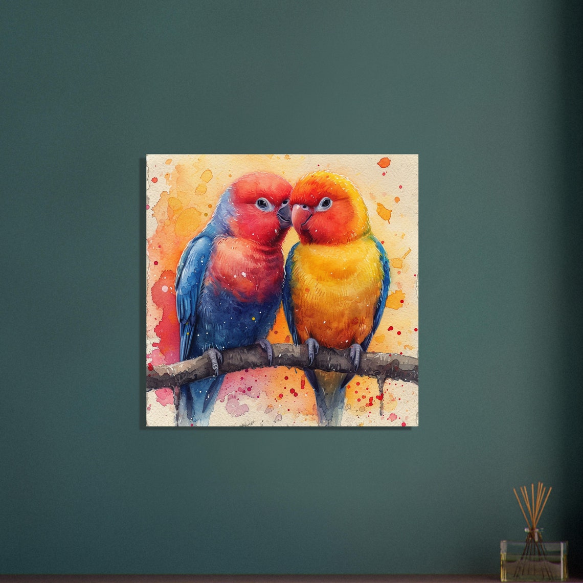 Two Lovebirds Watercolor Parrots on Branch Romantic Bird Art Poster - Image 2