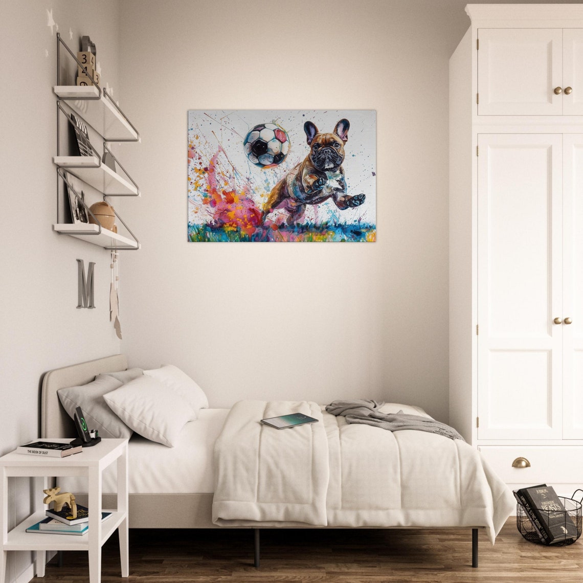 Heads French Bulldog Playing Football Soccer On Canvas Frenchie Mom Dad Sports Lover Room Decor Gift Watercolour Paint Splash Wall Art - Image 3